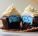Two chocolate cupcakes with white frosting and blue centers on a wooden board.
