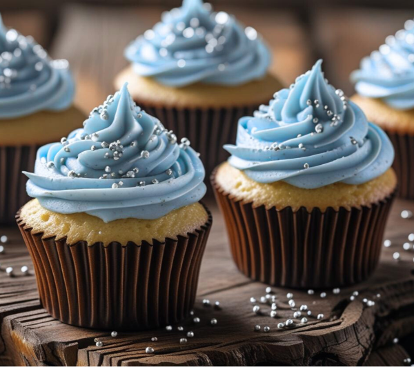 Cupcakes with blue frosting and sprinkles on a wooden surface